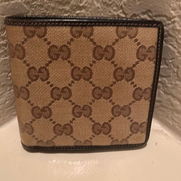 Gucci GG Canvas Bifold Wallet Classic Brown Monogram Logo Print Leather Trim - Picture 1 of 11